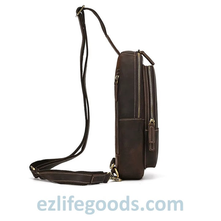 EZLIFEGOODS-Dark Brown Genuine Leather Work Bag for Men-Compact Shoulder Bag with Many Pockets-Crossbody Sling Chest Bag-Single Strap Shoulder Backpack-5