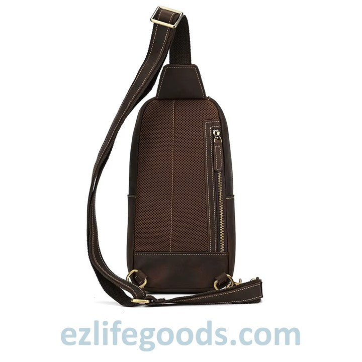EZLIFEGOODS-Back of Dark Brown Genuine Leather Work Bag for Men-Compact Shoulder Bag with Many Pockets-Crossbody Sling Chest Bag-Single Strap Shoulder Backpack-6