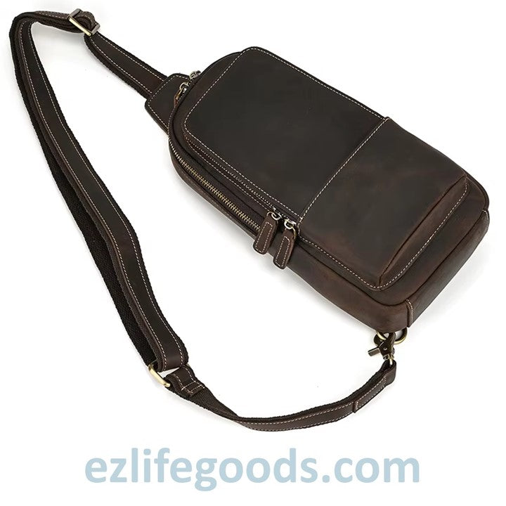EZLIFEGOODS-Dark Brown Genuine Leather Work Bag for Men-Compact Shoulder Bag with Many Pockets-Crossbody Sling Chest Bag-Single Strap Shoulder Backpack-7