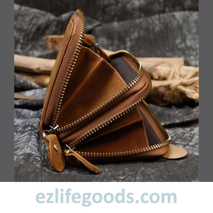 EZLIFEGOODS-Unisex Crazy Horse Genuine Leather Double Zipper Long Wallet Light Brown