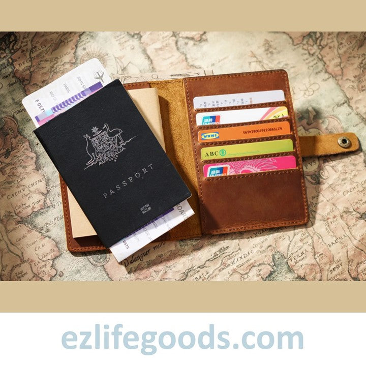 EZLIFEGOODS-Vintage Passport Wallet |Genuine Leather Passport Cover Cardholder Wallet & Travel Organizer Light Brown