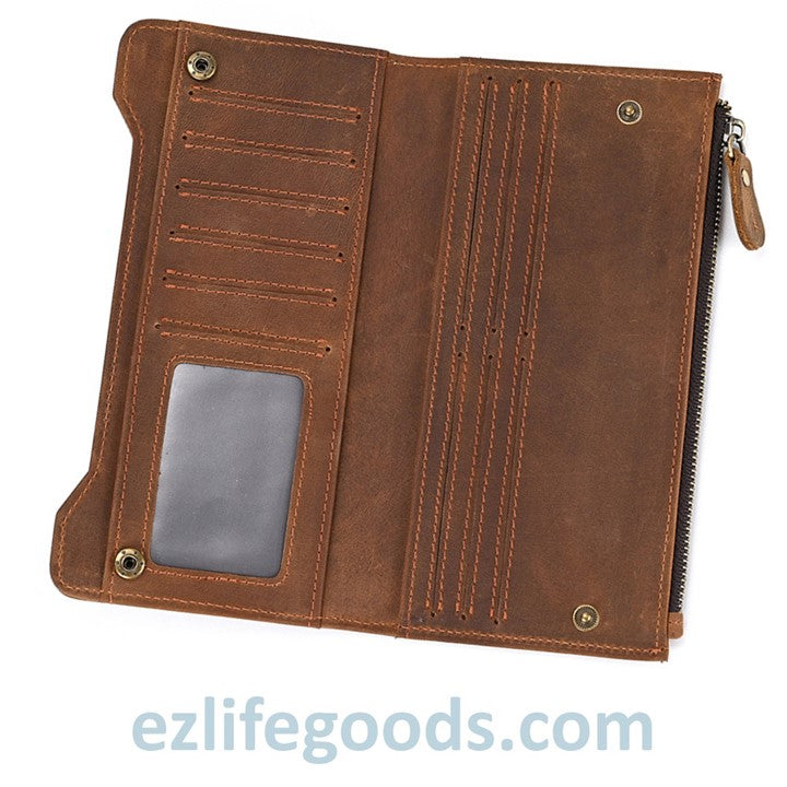 EZLIFEGOODS-Unisex Genuine Leather Wallet| Long Zipper Slim Wallet| Phone Purse with 12 Cardholders- Brown