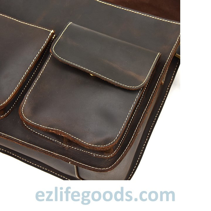 EZLIFEGOODS-Genuine Cow Leather Messenger Bag for Men| Mens Crossbody with Many Pockets-Dark Brown