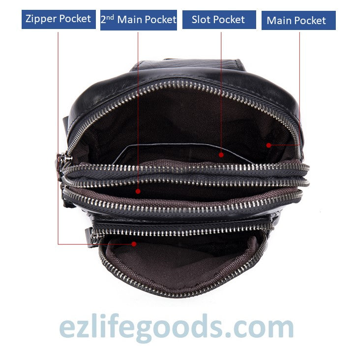 EZLIFEGOODS-Black Leather Sling Bag | Compact Shoulder Crossbody Chest Bag