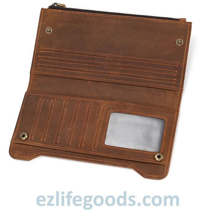 EZLIFEGOODS-Unisex Genuine Leather Wallet| Long Zipper Slim Wallet| Phone Purse with 12 Cardholders-Brown