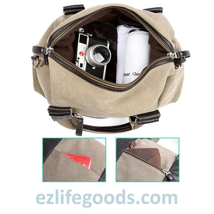 EZLIFEGOODS-Anti-Theft Canvas Duffle Bag| Zipper Weekend Bag| Fitness Handbag| Shoulder Bag with Many Pockets-Khaki