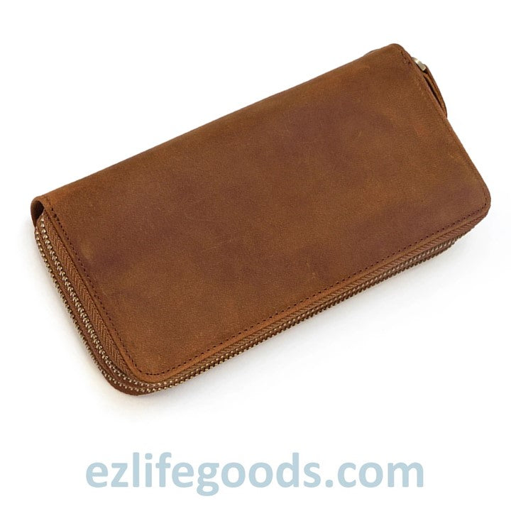 EZLIFEGOODS-Unisex Crazy Horse Genuine Leather Double Zipper Long Wallet Light Brown