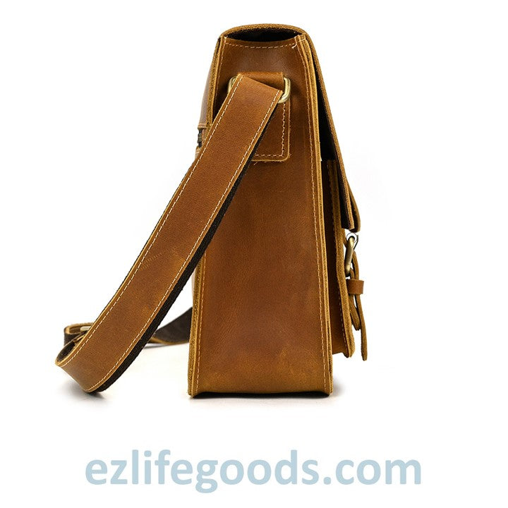 EZLIFEGOODS-Genuine Cow Leather Messenger Bag for Men| Mens Crossbody with Many Pockets-Light Brown