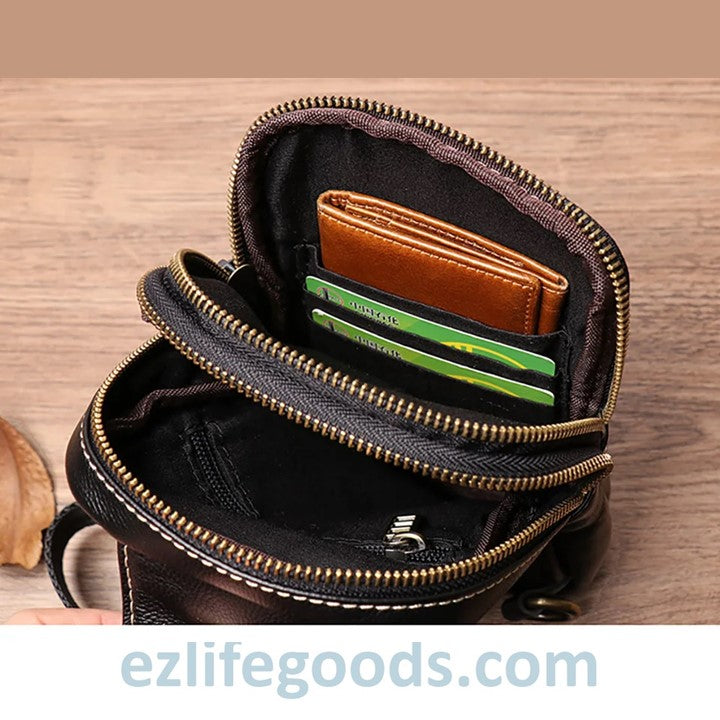 EZLIFEGOODS-Small Genuine Leather Sling Purse for Men|Two Zipper Crossbody Chest Bag - Black