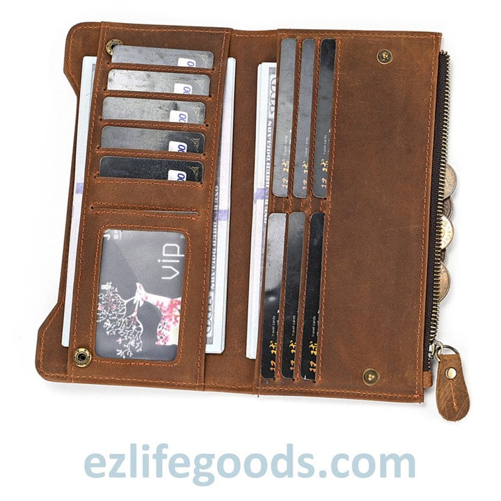 EZLIFEGOODS-Unisex Genuine Leather Wallet| Long Zipper Slim Wallet| Phone Purse with 12 Cardholders-Brown