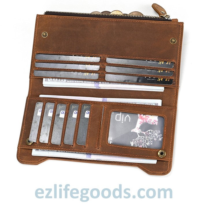 EZLIFEGOODS-Unisex Genuine Leather Wallet| Long Zipper Slim Wallet| Phone Purse with 12 Cardholders-Brown