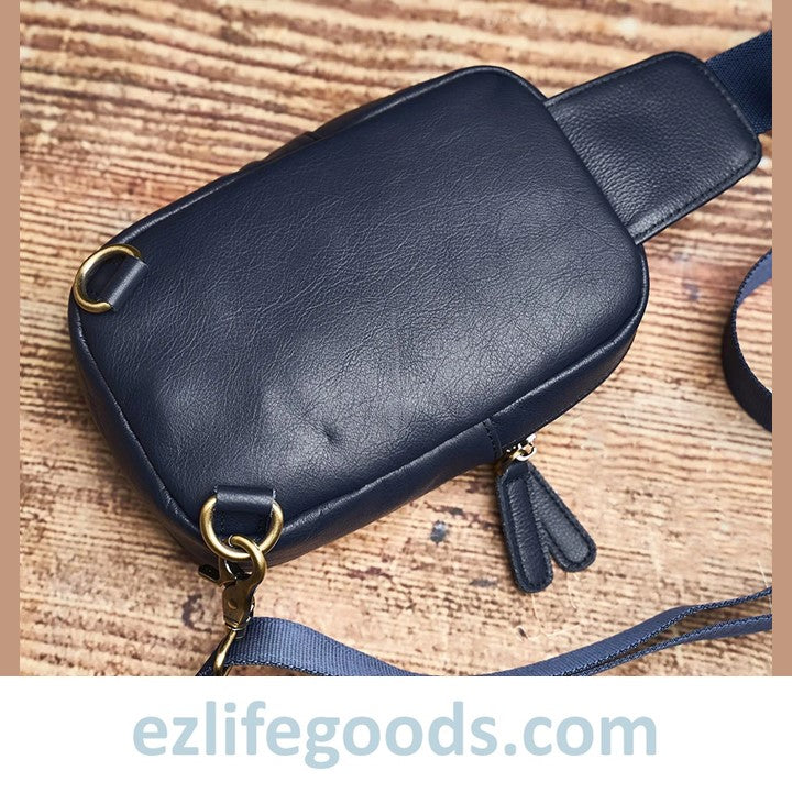EZLIFEGOODS-Small Genuine Leather Sling Purse for Men|Two Zipper Crossbody Chest Bag - Blue