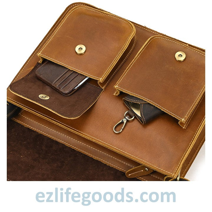 EZLIFEGOODS-Genuine Cow Leather Messenger Bag for Men| Mens Crossbody with Many Pockets-Light Brown