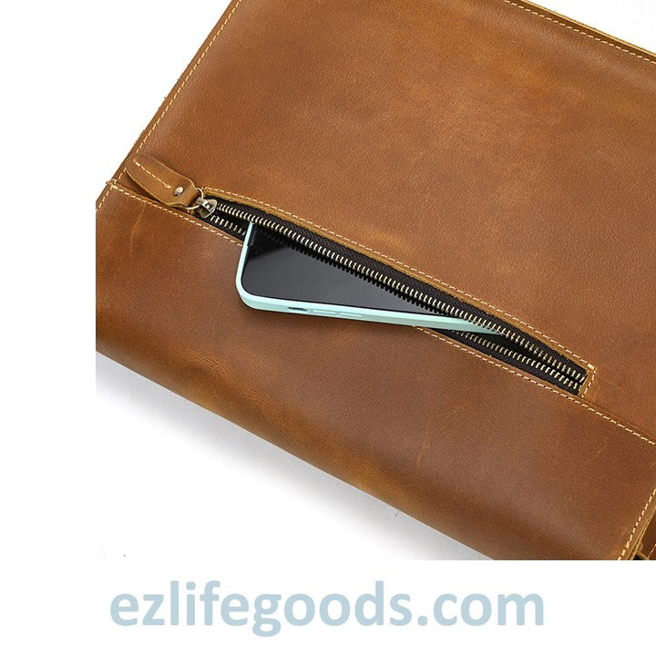 EZLIFEGOODS-Genuine Cow Leather Messenger Bag for Men| Mens Crossbody with Many Pockets-Light Brown