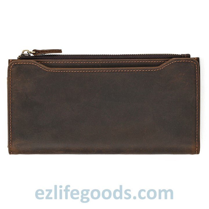 EZLIFEGOODS-Unisex Genuine Leather Wallet| Long Zipper Slim Wallet| Phone Purse with 12 Cardholders-Dark Brown