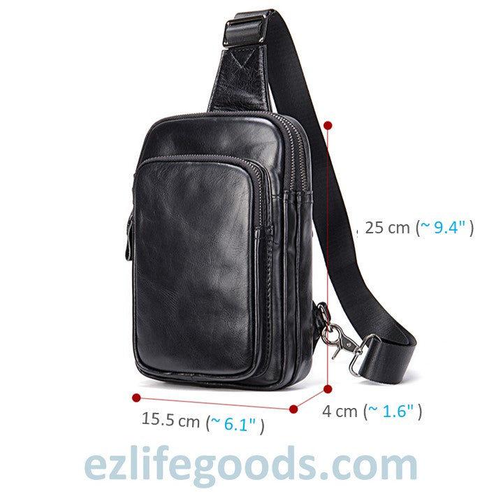 EZLIFEGOODS-Black Leather Sling Bag | Compact Shoulder Crossbody Chest Bag