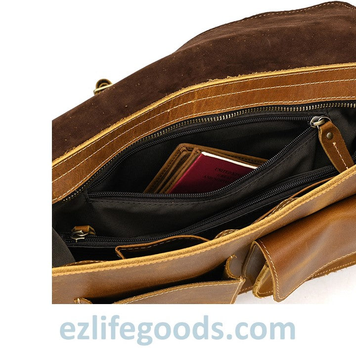 EZLIFEGOODS-Genuine Cow Leather Messenger Bag for Men| Mens Crossbody with Many Pockets-Light Brown
