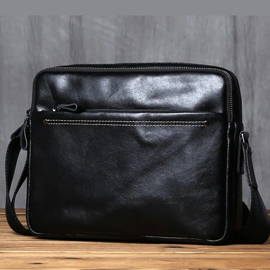 EZLIFEGOODS-Soft Cowhide Leather Black Satchel| Leather Shoulder Bag for Men with Many Pockets| Tablet Bag