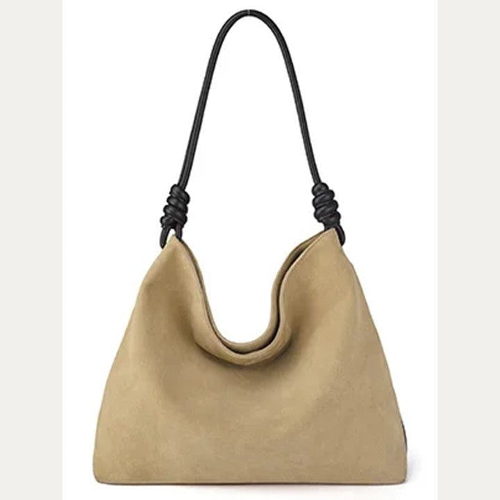 EZLIFEGOODS-Cow Leather Woman Handbag| Soft Suede Shoulder Tote Bag-Khaki Beige