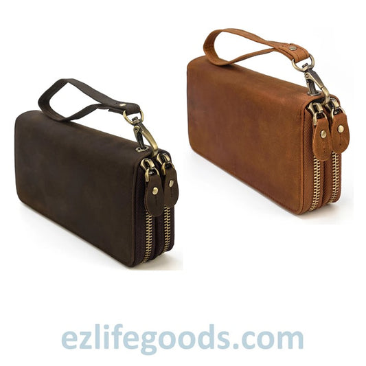 EZLIFEGOODS-Unisex Crazy Horse Genuine Leather Double Zipper Long Wallet
