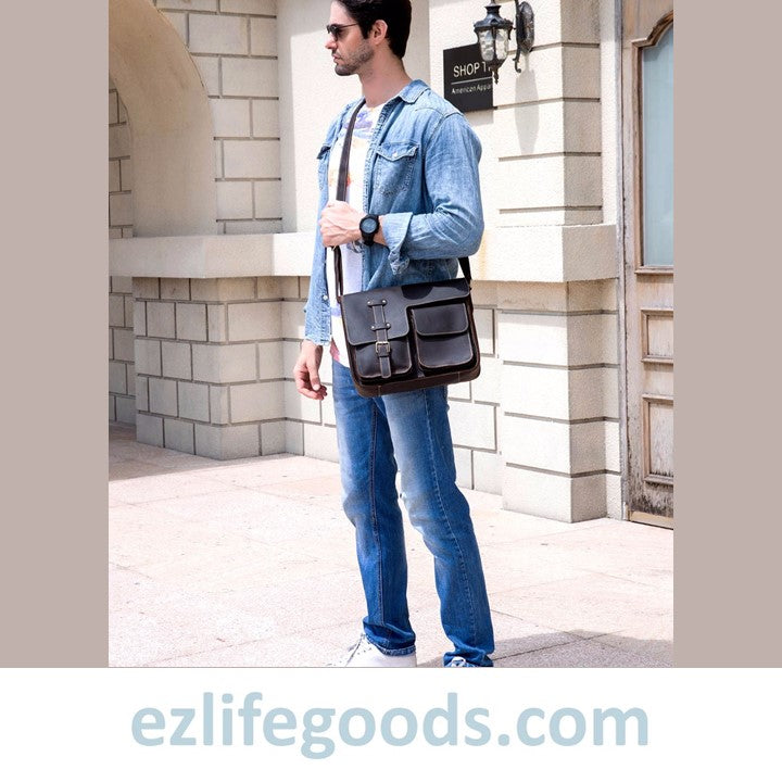 EZLIFEGOODS-Genuine Cow Leather Messenger Bag for Men| Mens Crossbody with Many Pockets-Dark Brown