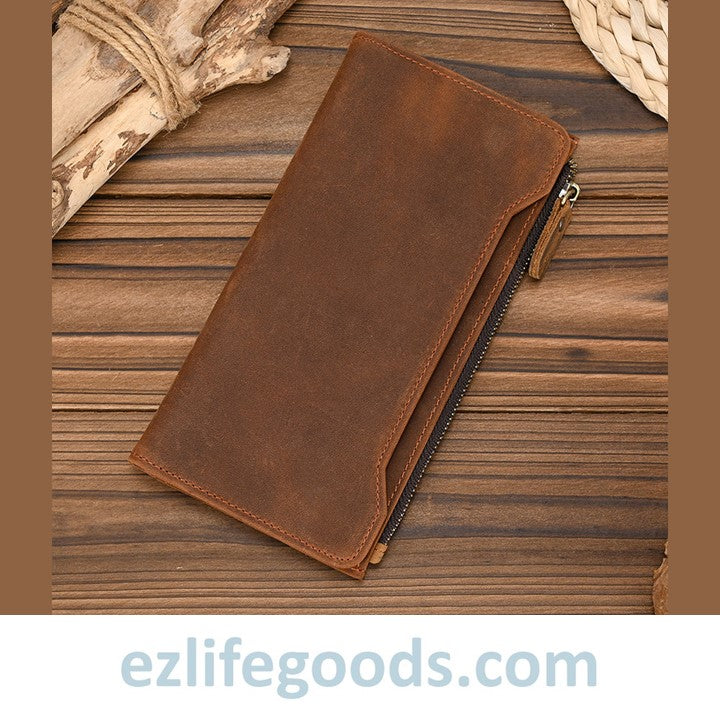 EZLIFEGOODS-Unisex Genuine Leather Wallet| Long Zipper Slim Wallet| Phone Purse with 12 Cardholders-Brown