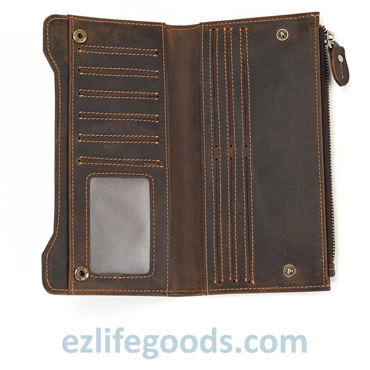 EZLIFEGOODS-Unisex Genuine Leather Wallet| Long Zipper Slim Wallet| Phone Purse with 12 Cardholders-Dark Brown