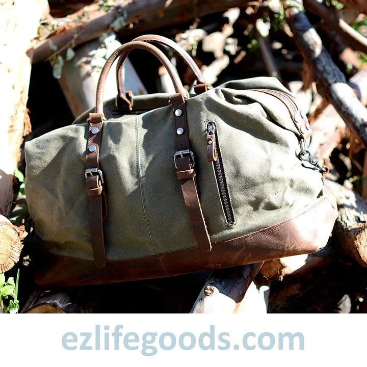 EZLIFEGOODS-Waterproof Duffle Bag with Cowhide Trimmings| High Capacity Weekender Bag 54 cm -Army Green