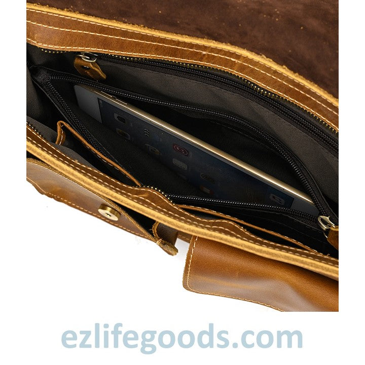 EZLIFEGOODS-Genuine Cow Leather Messenger Bag for Men| Mens Crossbody with Many Pockets-Light Brown