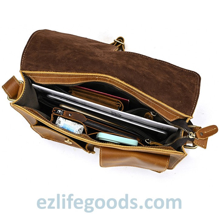 EZLIFEGOODS-Genuine Cow Leather Messenger Bag for Men| Mens Crossbody with Many Pockets-Light Brown