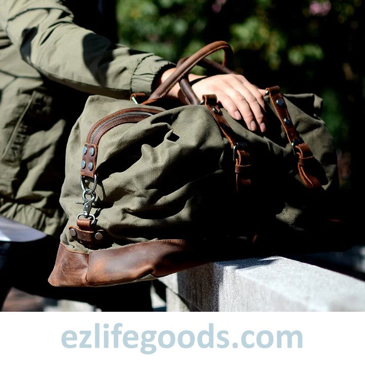 EZLIFEGOODS-Waterproof Duffle Bag with Cowhide Trimmings| High Capacity Weekender Bag 54 cm -Army Green