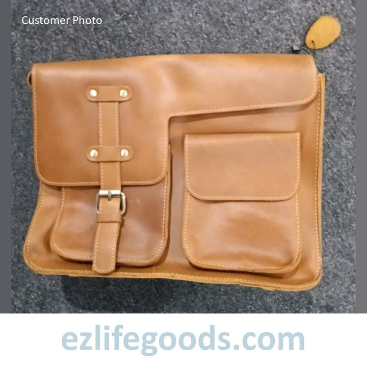 EZLIFEGOODS-Genuine Cow Leather Messenger Bag for Men| Mens Crossbody with Many Pockets-Light Brown