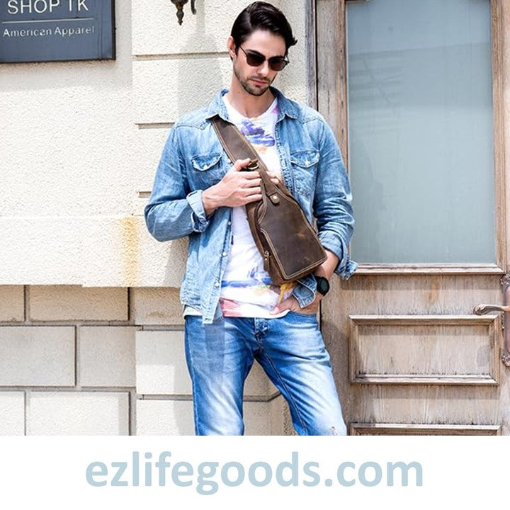 EZLIFEGOODS-Casual Leather Sling Bag for Men, Slim Anti Theft Chest Bag