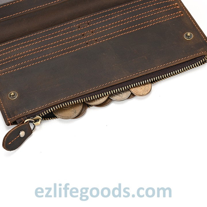 EZLIFEGOODS-Unisex Genuine Leather Wallet| Long Zipper Slim Wallet| Phone Purse with 12 Cardholders-Dark Brown