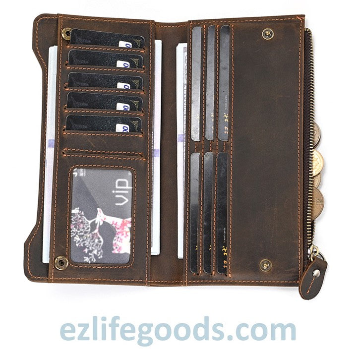 EZLIFEGOODS-Unisex Genuine Leather Wallet| Long Zipper Slim Wallet| Phone Purse with 12 Cardholders-Dark Brown