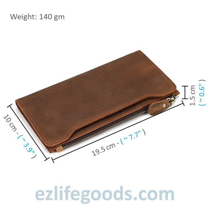 EZLIFEGOODS-Unisex Genuine Leather Wallet| Long Zipper Slim Wallet| Phone Purse with 12 Cardholders