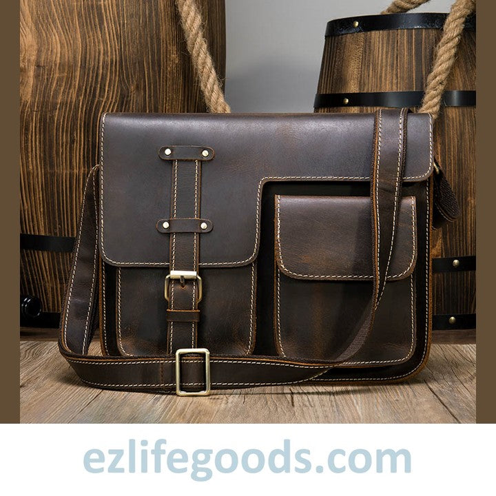 EZLIFEGOODS-Genuine Cow Leather Messenger Bag for Men| Mens Crossbody with Many Pockets-Dark Brown