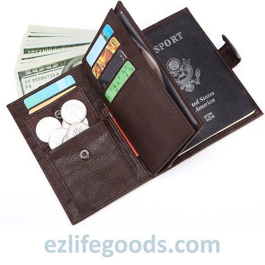 EZLIFEGOODS-Cowhide Wallet for Men with Coin Purse, Passport Wallet with Credit Card Holders - Coffee Brown