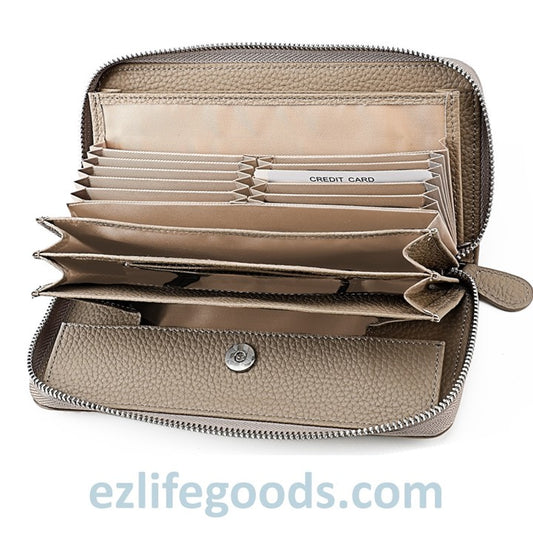 EZLIFEGOODS-RFID Long Wallet, Genuine Leather Zipper Wallet for Women with Many Cardholders, Phone Wallet Purse-Khaki