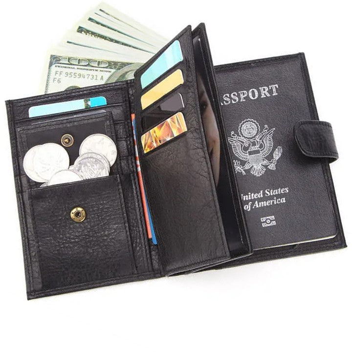 EZLIFEGOODS-Cowhide Wallet for Men with Coin Purse, Passport Wallet with Credit Card Holders- Black