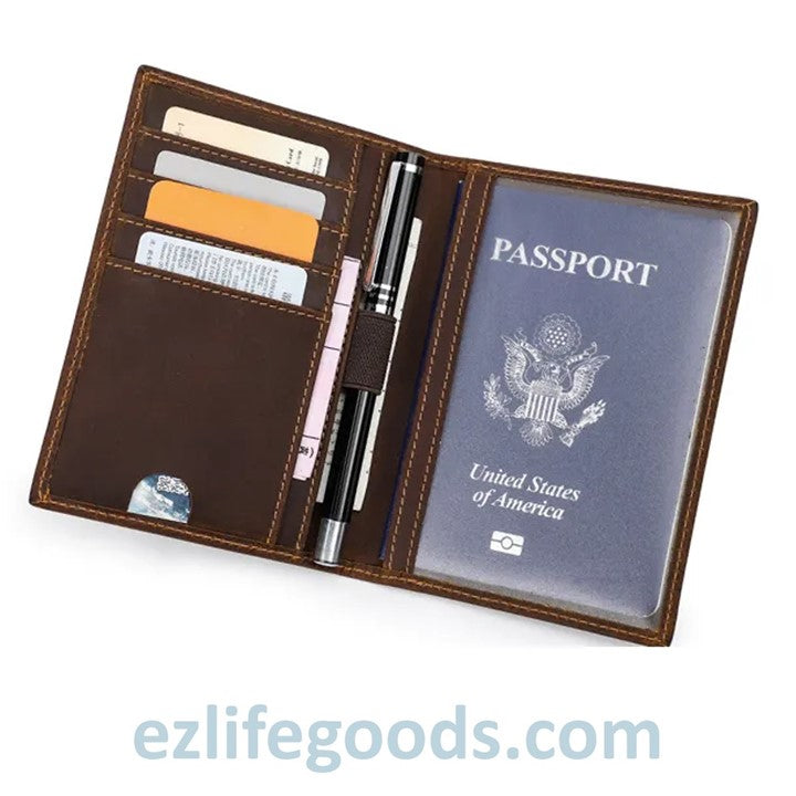 EZLIFEGOODS-Rfid Protected Wallet| Passport Cover & Cardholder Wallet|Leather Passport Holder Travel Wallet - Coffee Brown