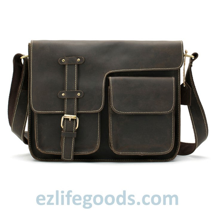 EZLIFEGOODS-Genuine Cow Leather Messenger Bag for Men| Mens Crossbody with Many Pockets-Dark Brown