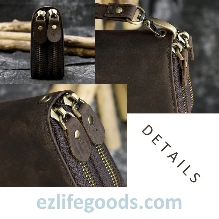 EZLIFEGOODS-Unisex Crazy Horse Genuine Leather Double Zipper Long Wallet Dark Brown