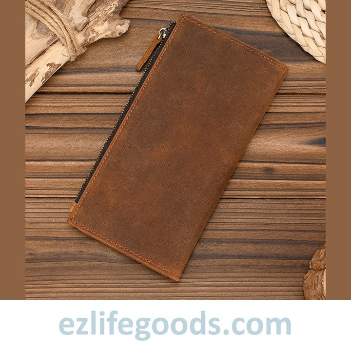 EZLIFEGOODS-Unisex Genuine Leather Wallet| Long Zipper Slim Wallet| Phone Purse with 12 Cardholders-Brown