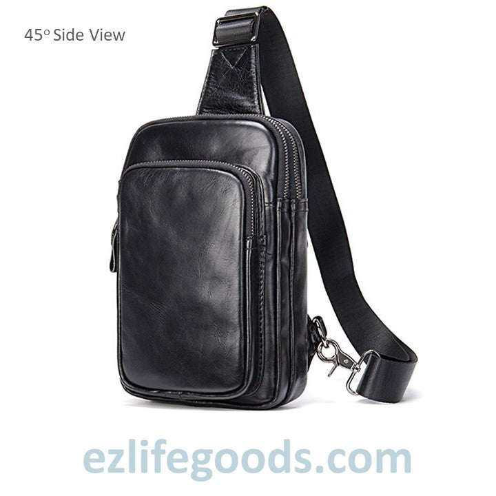 EZLIFEGOODS-Black Leather Sling Bag | Compact Shoulder Crossbody Chest Bag