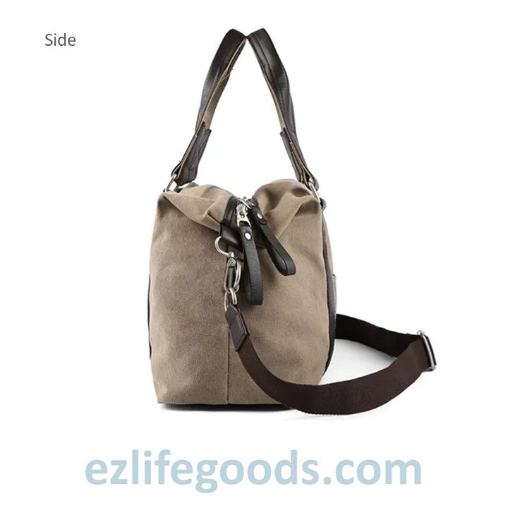 EZLIFEGOODS-Anti-Theft Canvas Duffle Bag| Zipper Weekend Bag| Fitness Handbag| Shoulder Bag with Many Pockets-Khaki