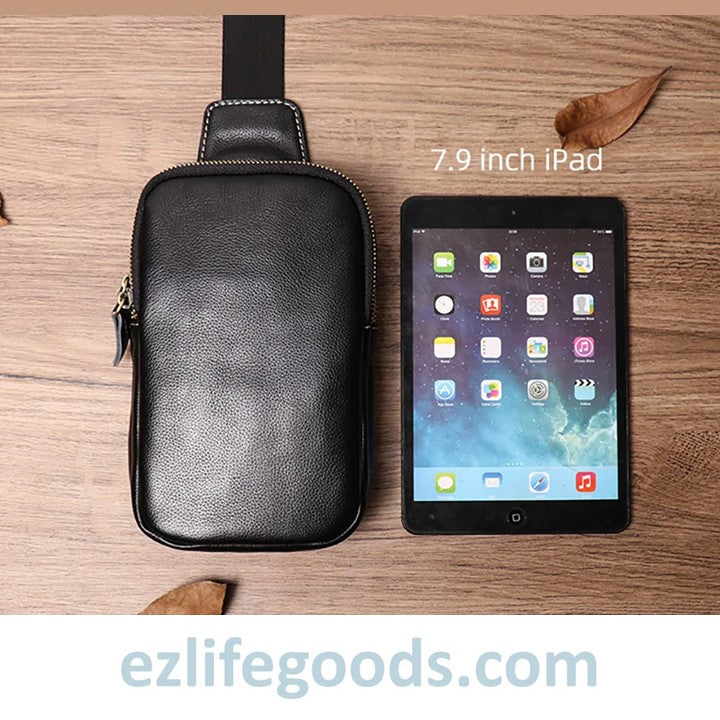 EZLIFEGOODS-Small Genuine Leather Sling Purse for Men|Two Zipper Crossbody Chest Bag - Black