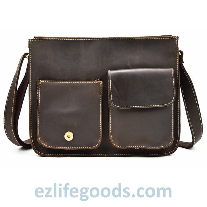 EZLIFEGOODS-Genuine Cow Leather Messenger Bag for Men| Mens Crossbody with Many Pockets-Dark Brown