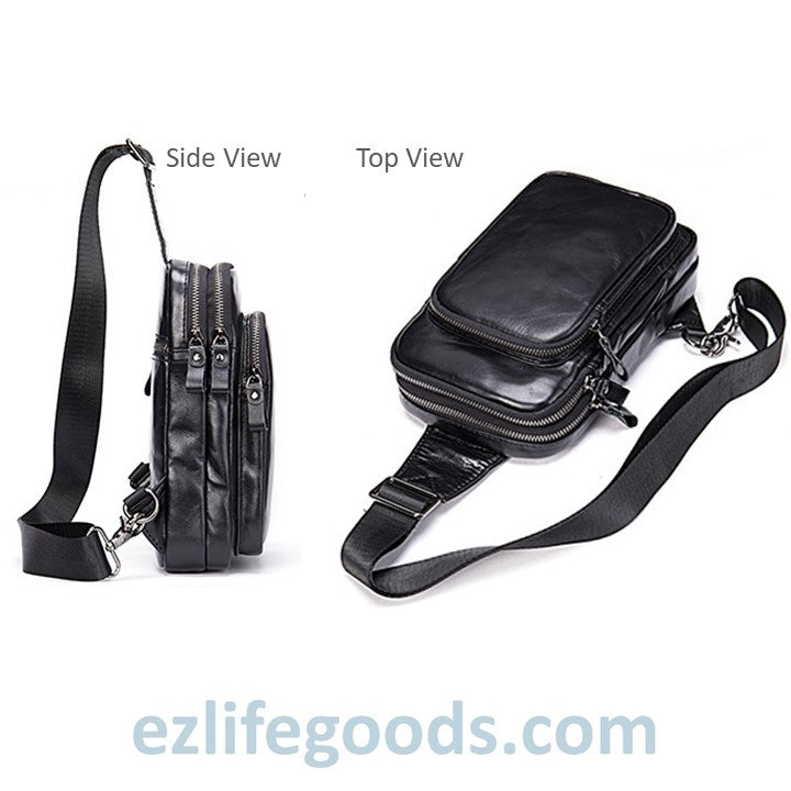 EZLIFEGOODS-Black Leather Sling Bag | Compact Shoulder Crossbody Chest Bag