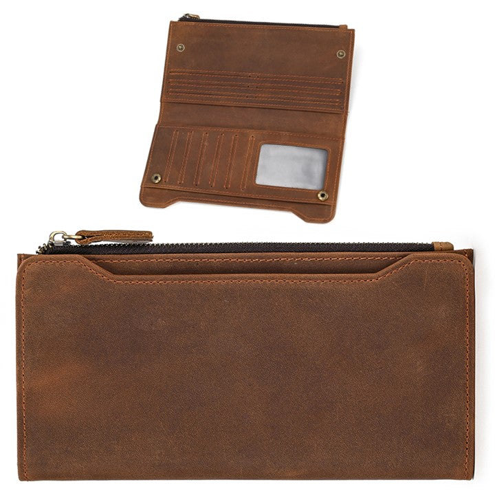 EZLIFEGOODS-Unisex Genuine Leather Wallet| Long Zipper Slim Wallet| Phone Purse with 12 Cardholders-Brown